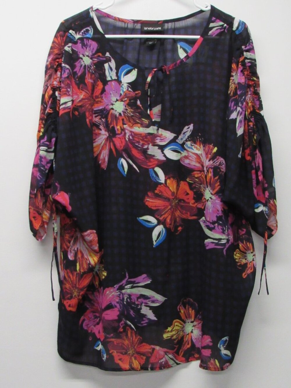 Lane Bryant Sheer Purple Floral Checkered Tie Sleeve Popover Top Shirt sz 18/20